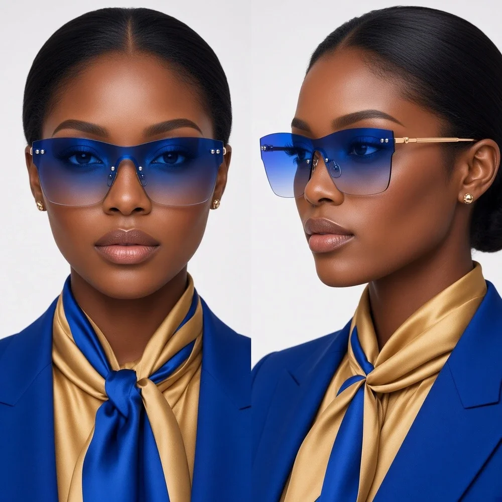 Blue Rimless Shield Sunglasses Women Gold Metal Frame Gradient Lens Studded 2026